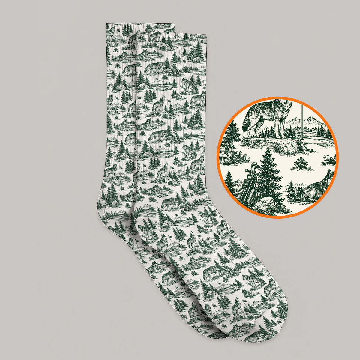 Vintage Wolf Golf Socks, Wilderness Wolf Pattern Golf Sock, Nature Inspired Golf Gift for Golfers