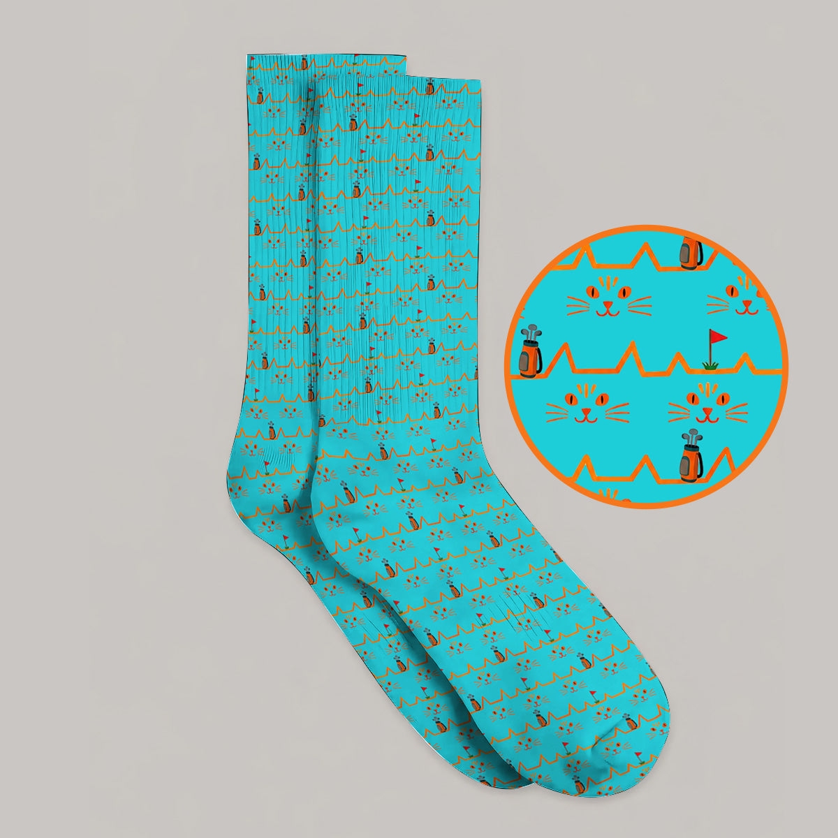 Cat Lover Golf Socks, Turquoise Cat Face & Golf Bag Pattern Golf Sock, Funny Kitty Golf Gift for Golfers
