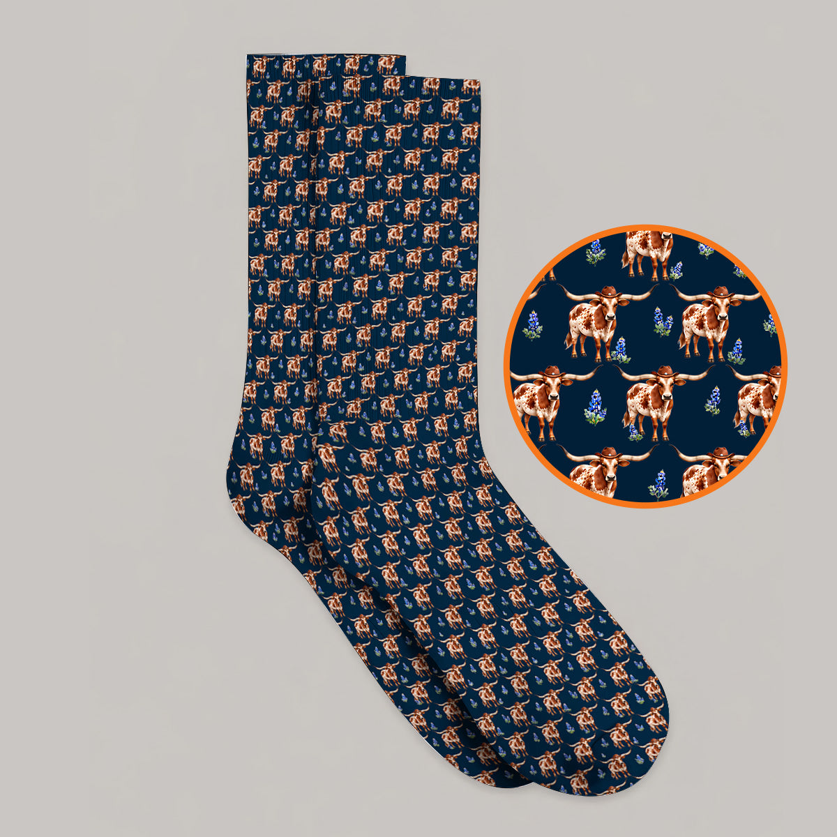 Crazy Texas Golf Socks, Western Cowboy Longhorn Patatern Golf Sock, Texas Bluebonnet Golf Gift For Golfers