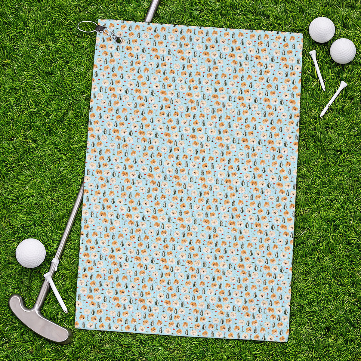 Pomeranian Golf Towels, Fluffy Pom Dog & Golf Pattern Towel, Funny Golf Gift For Golfer