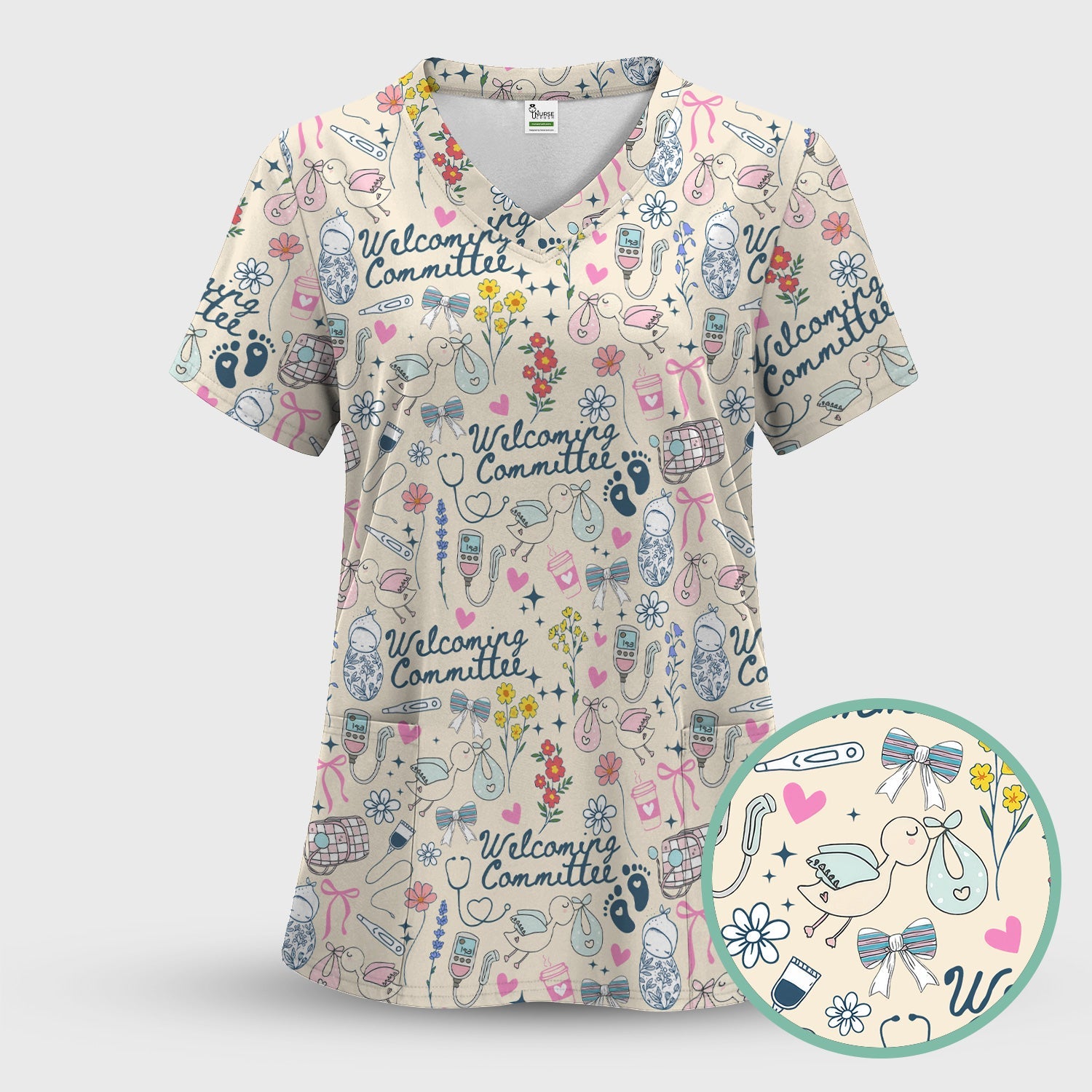 Funny NICU Nurse Tee - Cute Baby Feet & Floral Stork Pattern Graphic - Gift for Women RN LPN