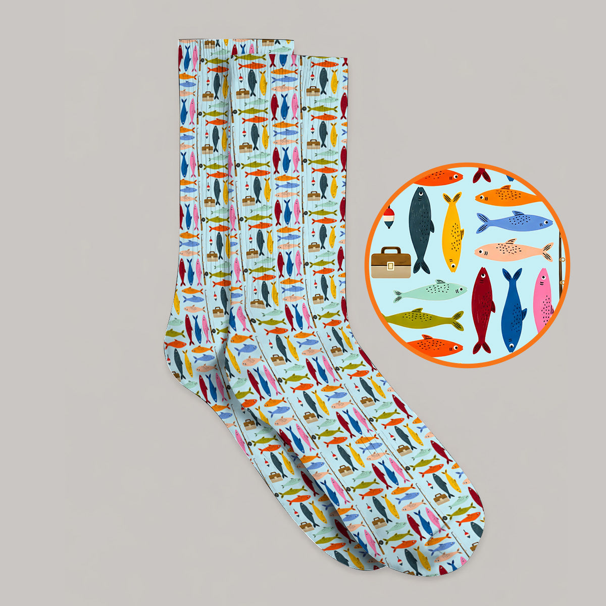 Colorful Fish Pattern Golf Socks, Fishing Rod Pattern Golf Sock, Crazy Golf Gift For Anglers and Fishermen