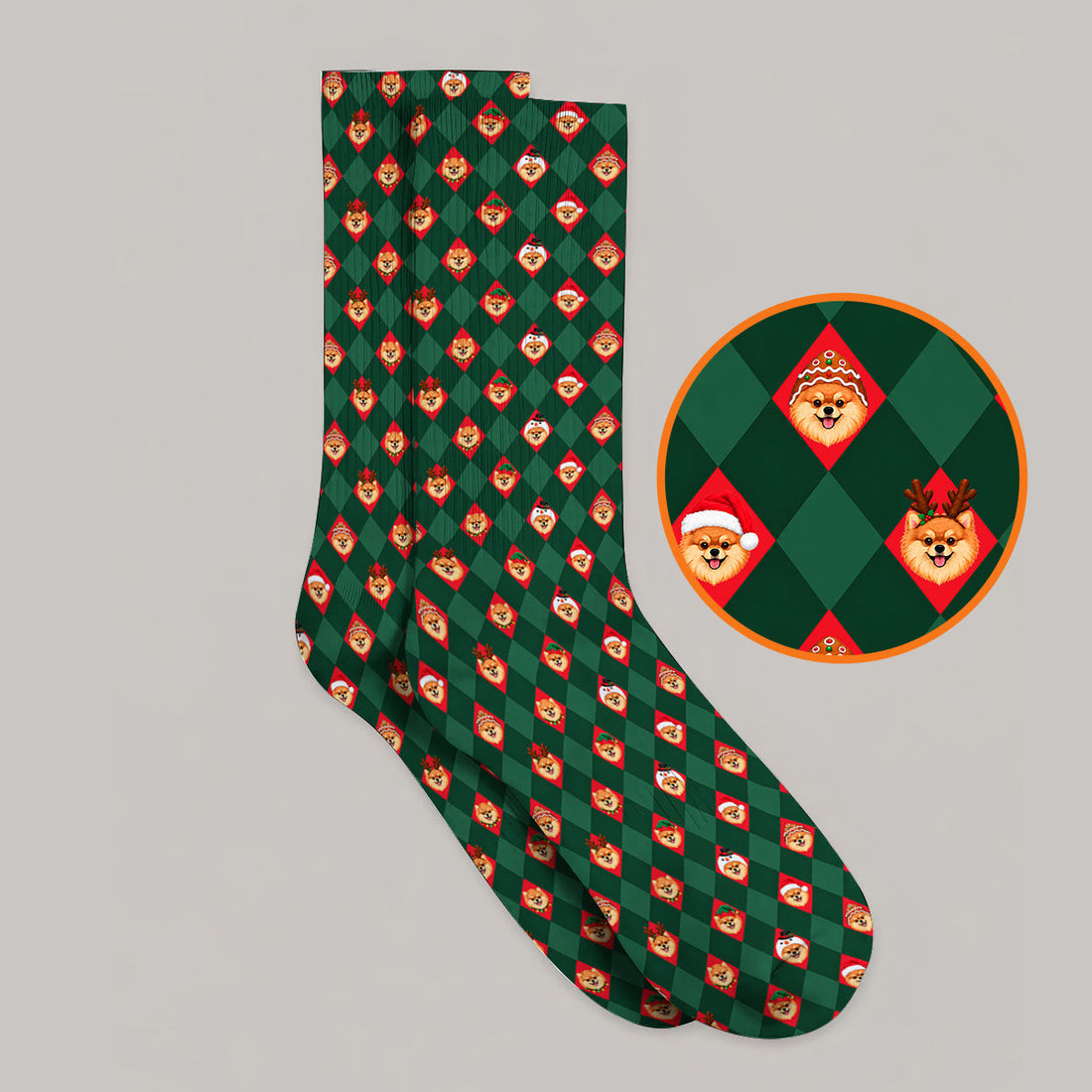 Christmas Pomeranian Golf Socks, Green Argyle & Santa Dog Pattern Golf Sock, Xmas Golf Gift For Golfer