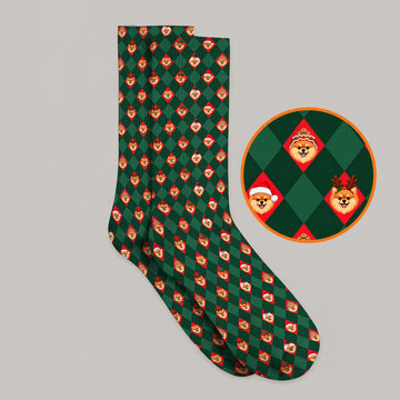 Christmas Pomeranian Golf Socks, Green Argyle & Santa Dog Pattern Golf Sock, Xmas Golf Gift For Golfer