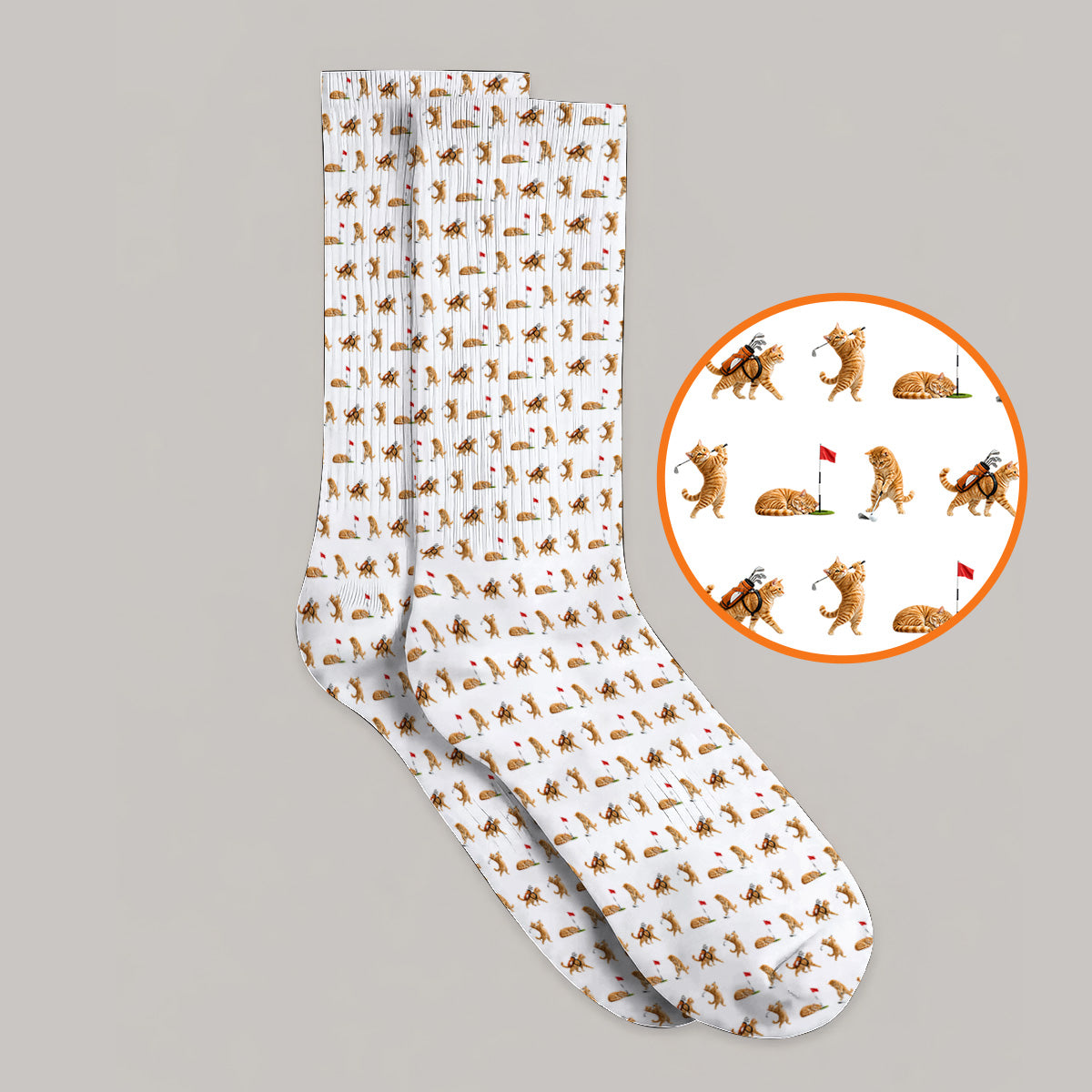 Orange Tabby Cat Golf Socks, Funny Ginger Cat Golf Pattern Sock, Unique Golf Gift For Cat Lovers
