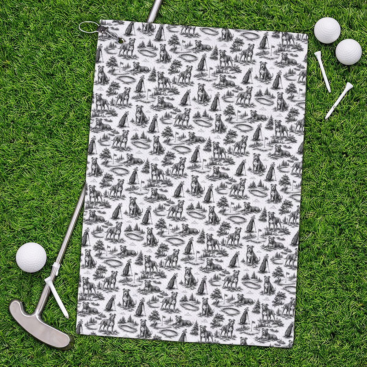 Crazy Pit Bull Golf Towels For Golfer, Toile de Jouy Pit Bull Pattern Golf Towel, Dog Lover Golf Gift