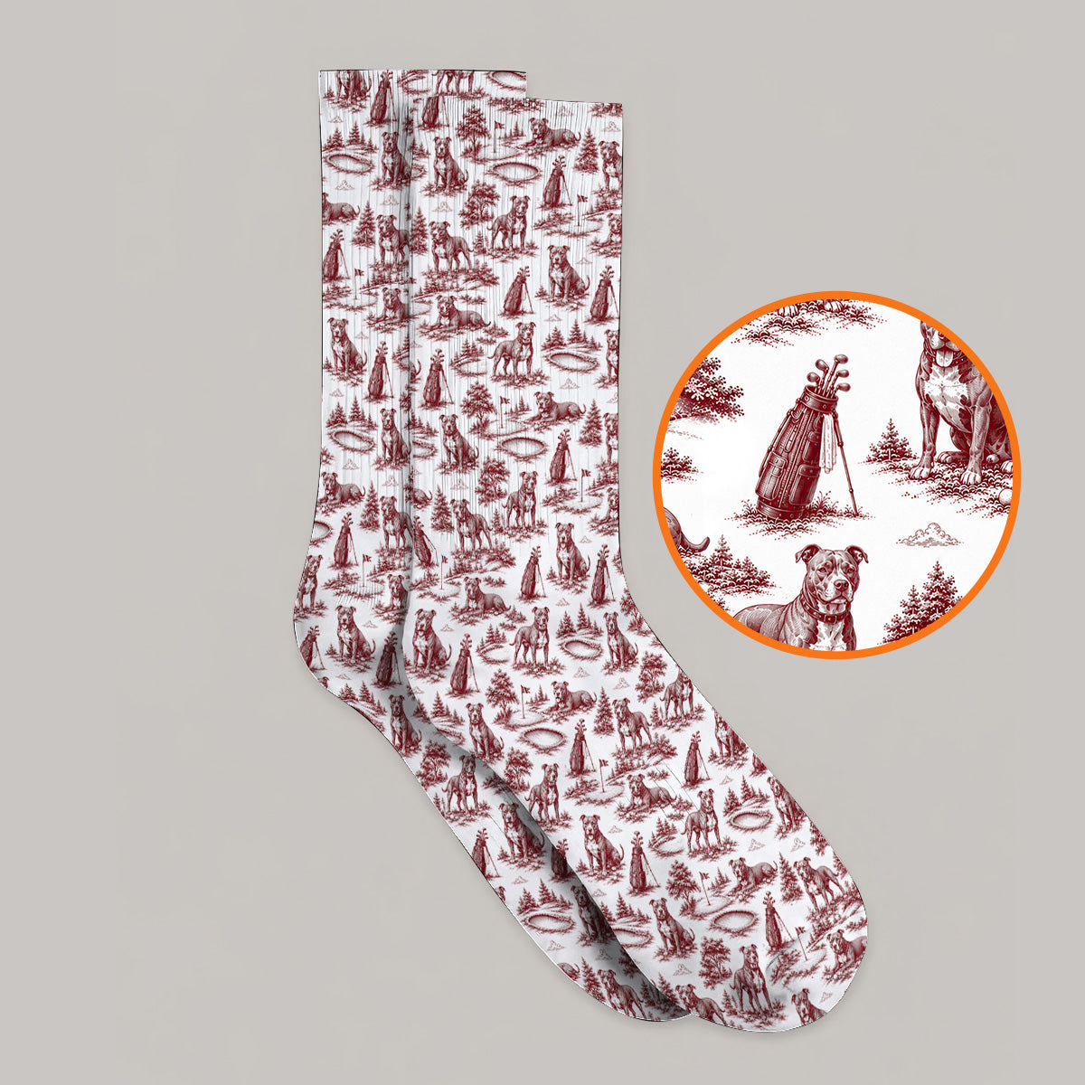 Crazy Pit Bull Golf Socks For Golfer, Toile de Jouy Pit Bull Pattern Golf Sock, Dog Lover Golf Gift