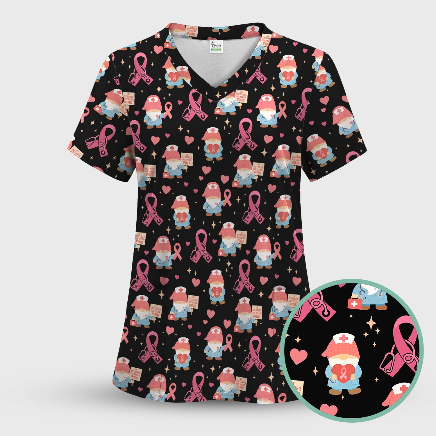 Pink Ribbon Nurse Shirt for Women - Cute Breast Cancer Awareness Gnome - Gift for Healthcare Workers RN LPN