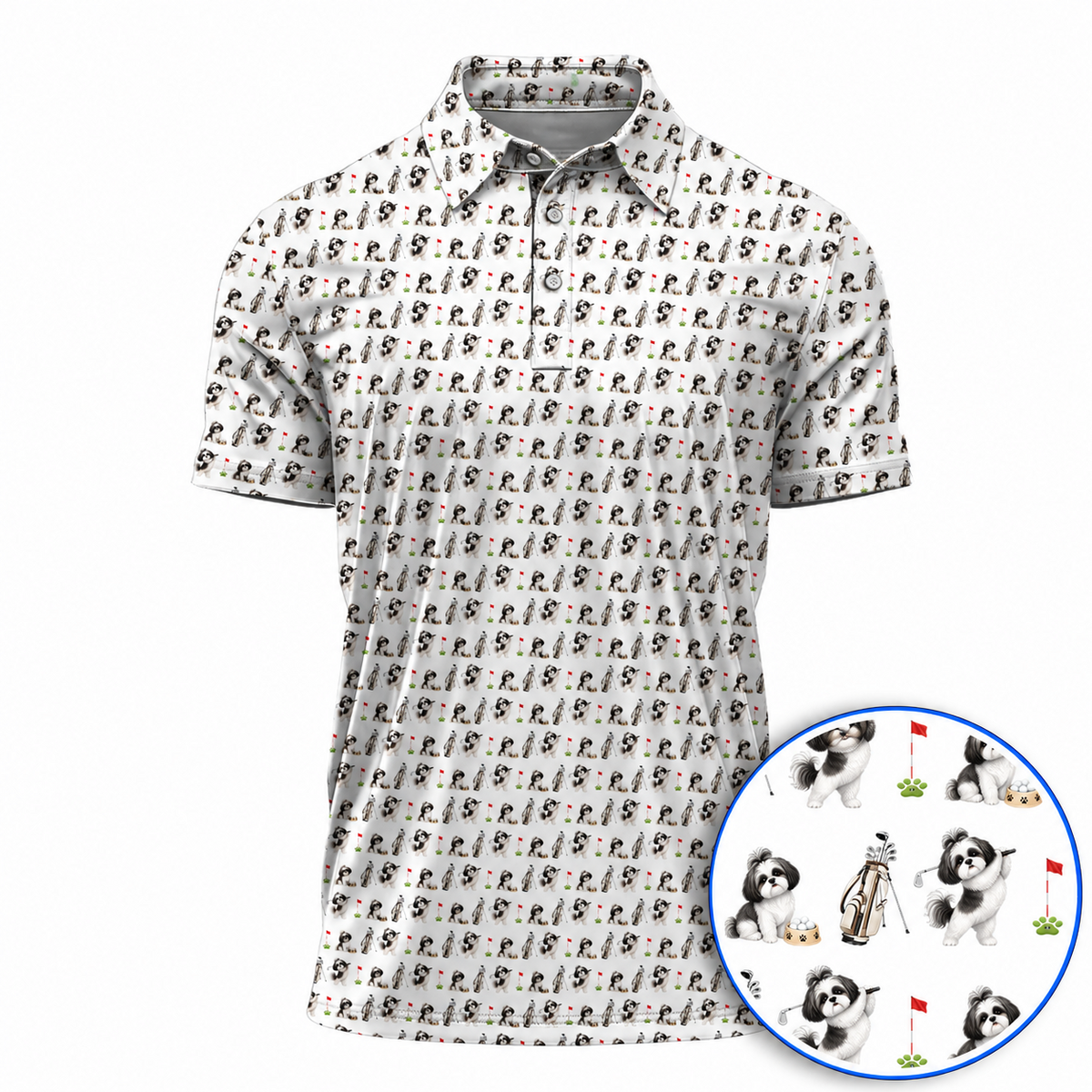 Black & White Shih Tzu  Golf Polos, Shih Tzu Pattern Golf Shirt, Crazy Golf Gift For Golfers