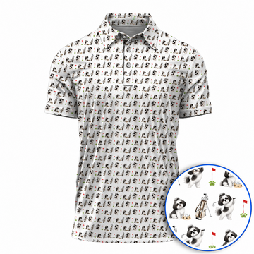 Black & White Shih Tzu  Golf Polos, Shih Tzu Pattern Golf Shirt, Crazy Golf Gift For Golfers