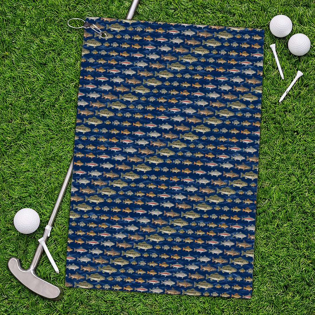 Freshwater Fishing Pattern Golf Towels, Bass Trout Catfish & Perch Golf Towel, Fishing Gift For Golfer