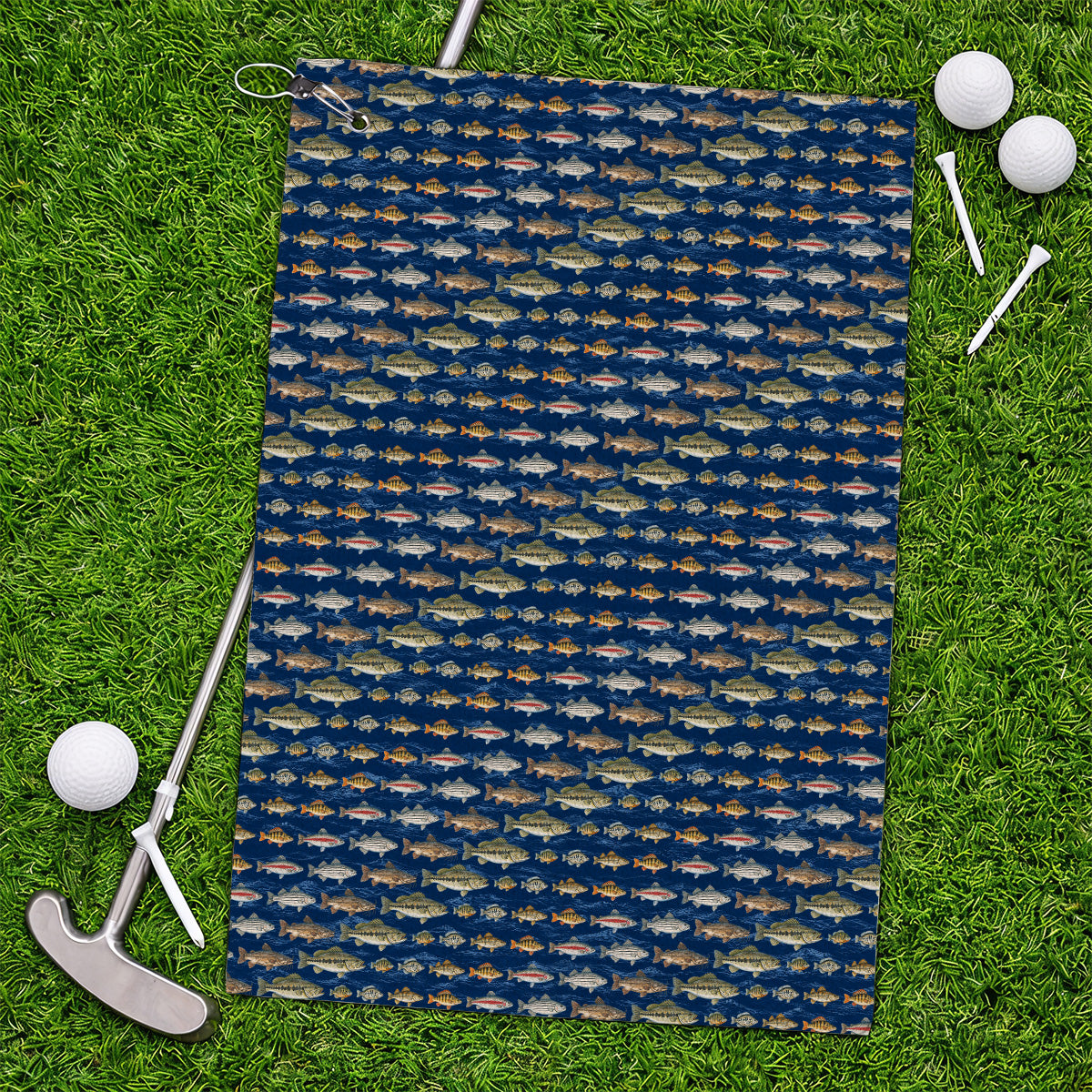 Freshwater Fishing Pattern Golf Towels, Bass Trout Catfish & Perch Golf Towel, Fishing Gift For Golfer