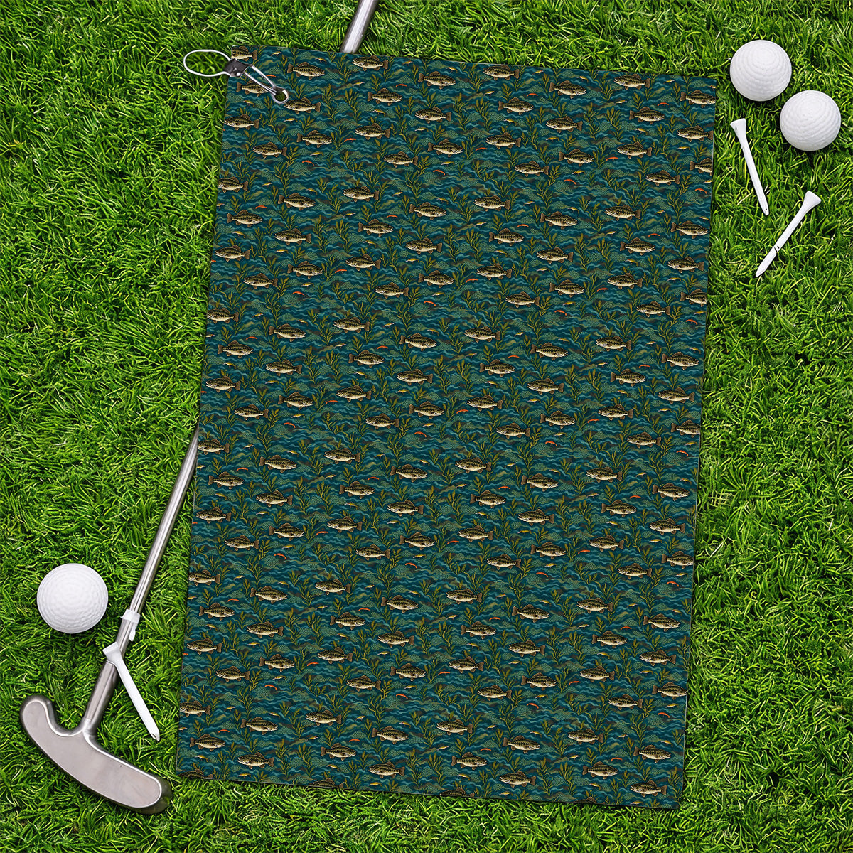 Crazy Bass Fishing Golf Towels, Fishing Bass & Rod Pattern Golf Towel, Golf Gift For Golfers