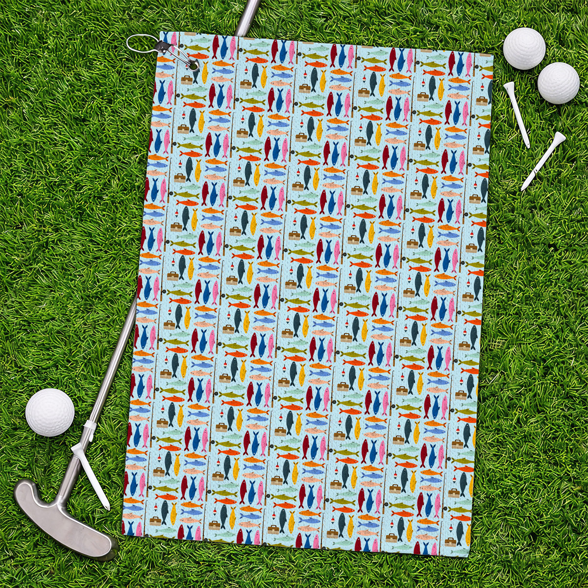 Colorful Fish Pattern Golf Towels, Fishing Rod Pattern Golf Towel, Crazy Golf Gift For Anglers and Fishermen