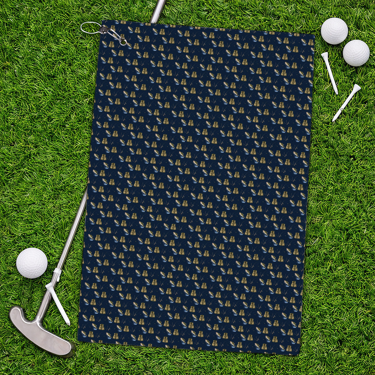 Bass Fishing Golf Towels, Largemouth Bass & Fishing Gear Pattern Golf Towel, Crazy Golf Gift For Golfers
