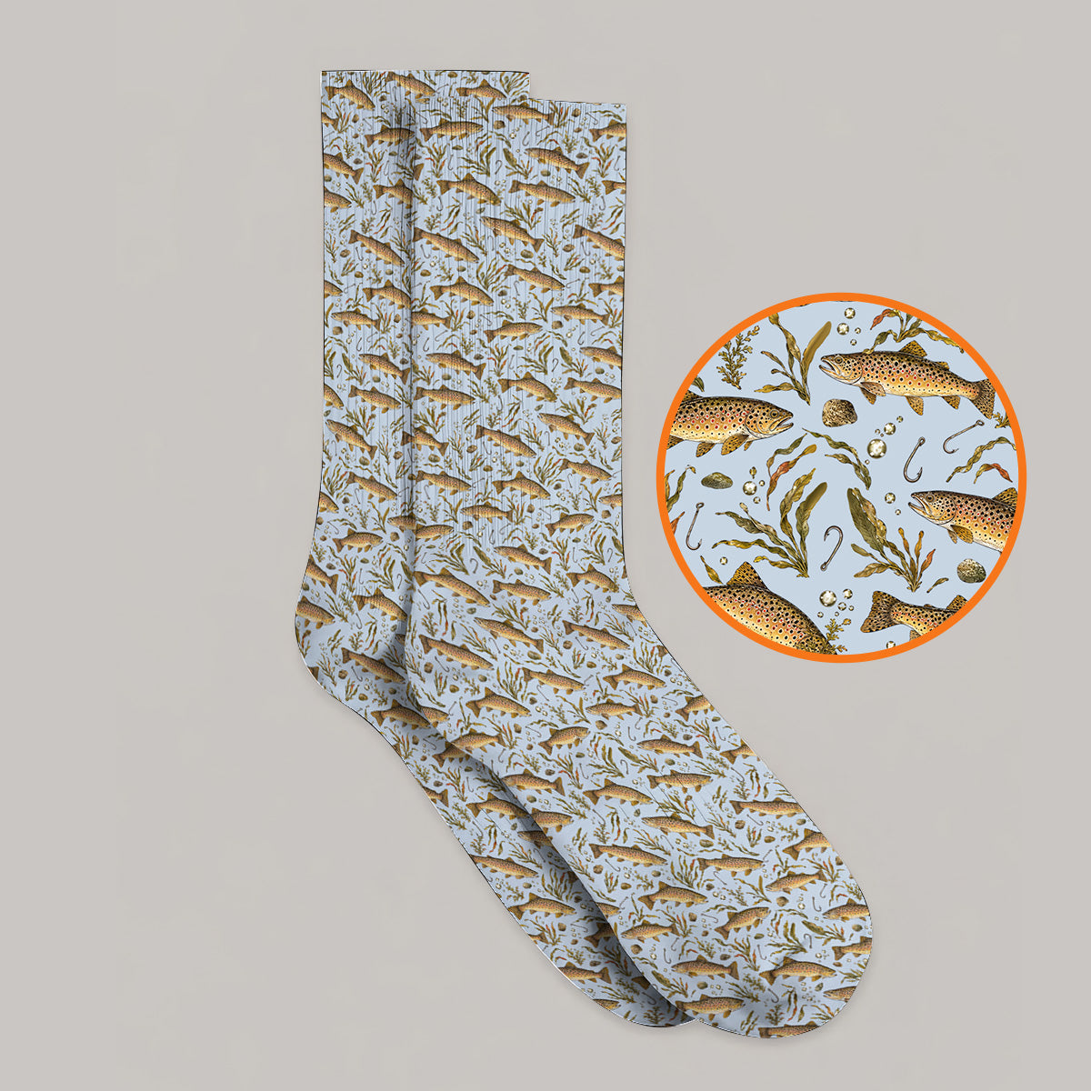 Funny Brown Trout Fishing Golf Socks, Vintage Trout & Fly Fishing Pattern Golf Sock, Golf Gift For Golfer