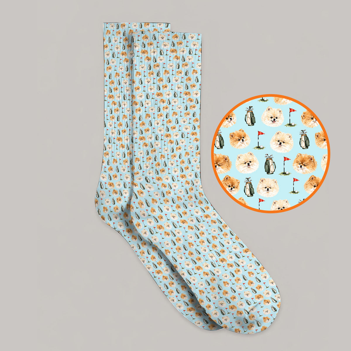 Pomeranian Golf Socks, Fluffy Pom Dog & Golf Pattern Sock, Funny Golf Gift For Golfer