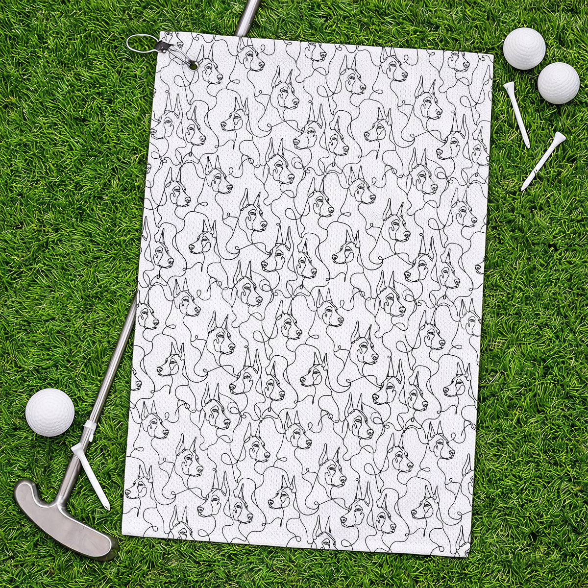 Doberman Line Art Golf Towel, Minimalist Doberman Pattern Golf Towles, Dog Lover Golf Gift
