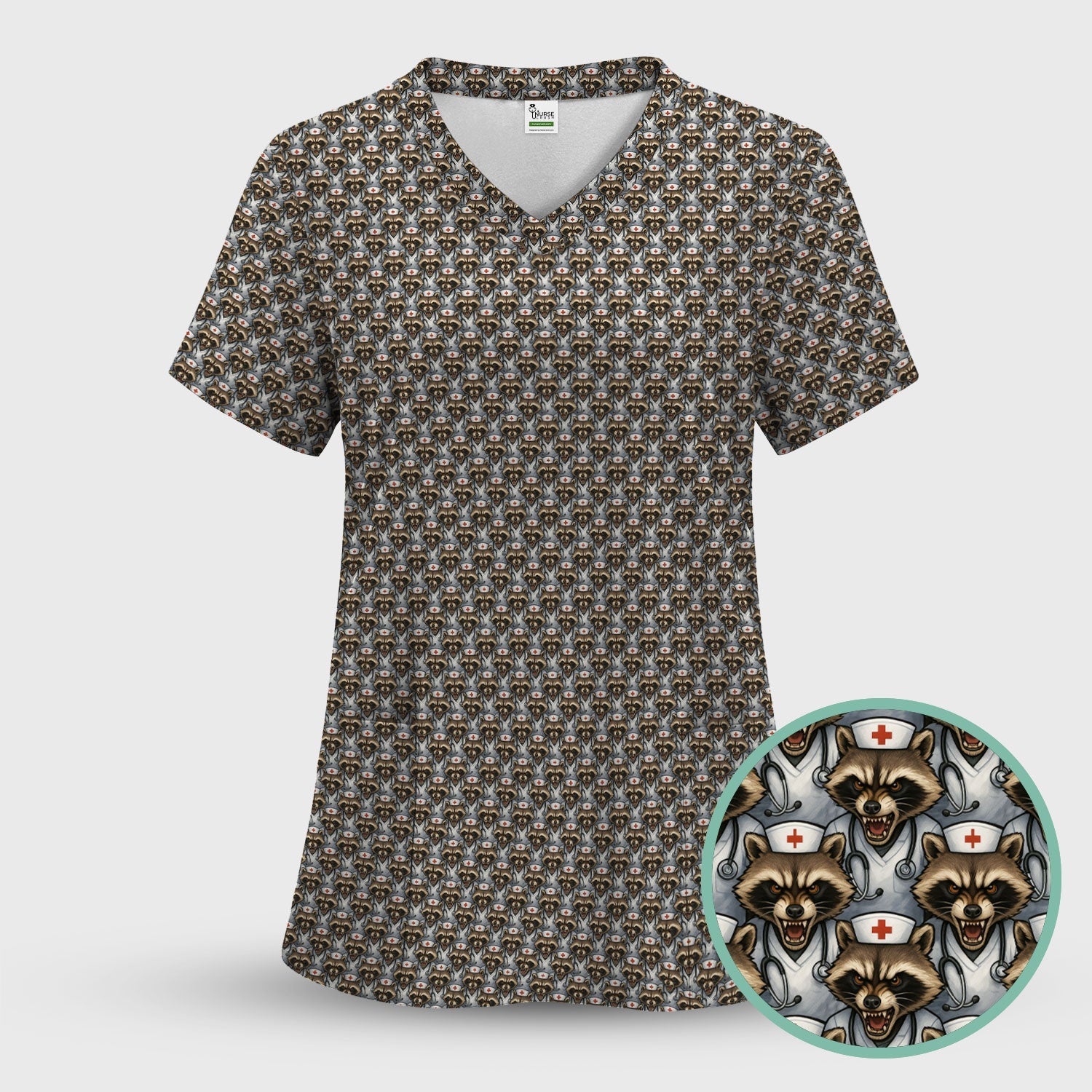 Quirky Raccoon Nurse Shirt - Repeating Angry Animal Pattern Graphic Tee - Gift for Women RN, LPN, CNA
