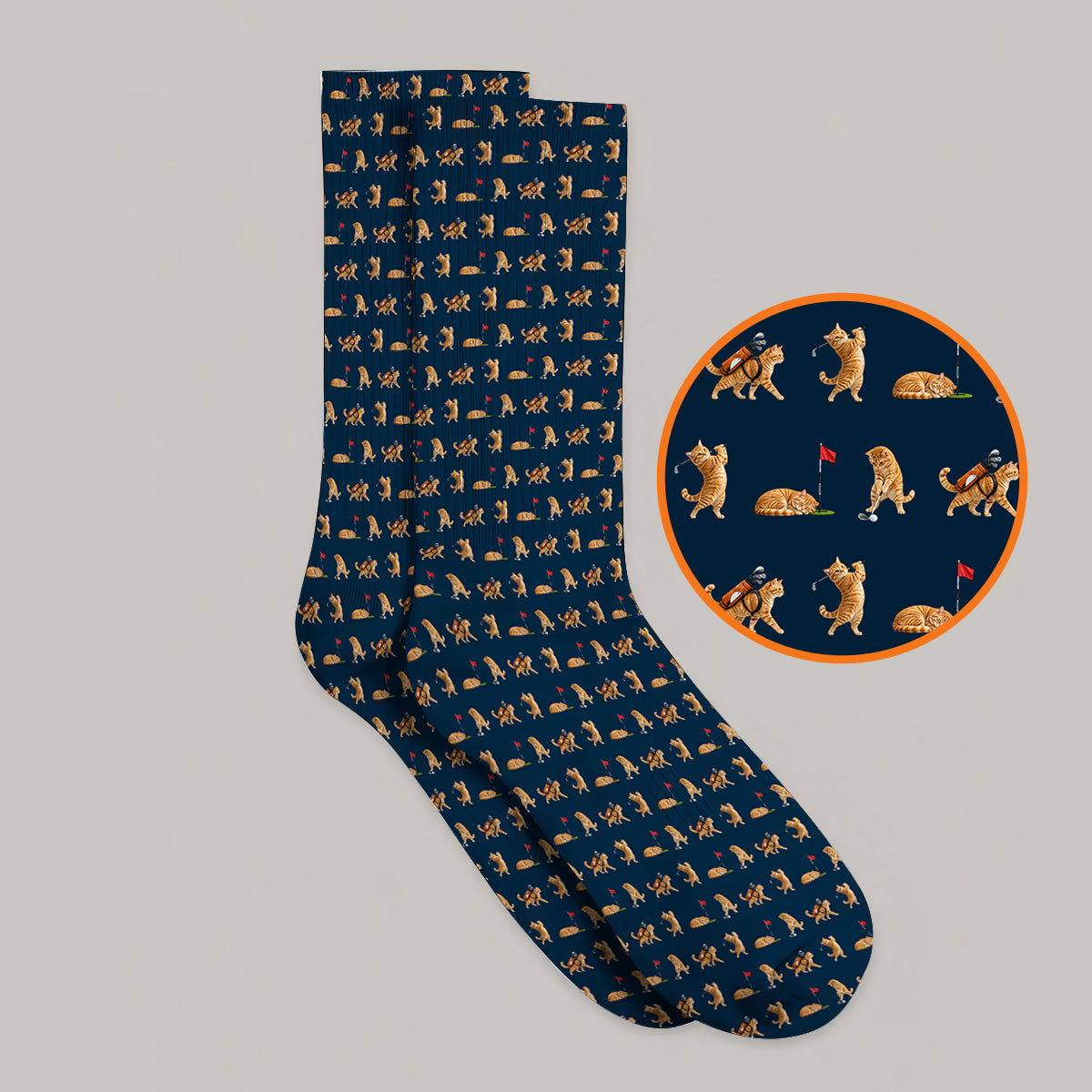 Orange Tabby Cat Golf Socks, Funny Ginger Cat Golf Pattern Sock, Unique Golf Gift For Cat Lovers