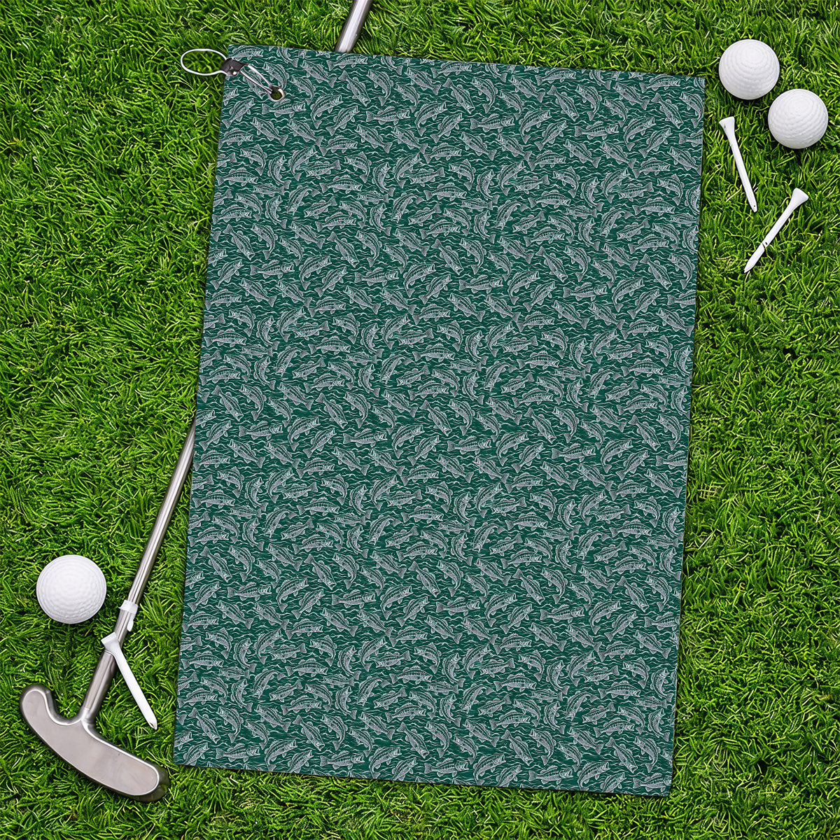Vintage Bass Fishing Golf Towels, Forest Green Fish & Water Pattern Towel, Golf Apparel Gift for Fishing Lovers