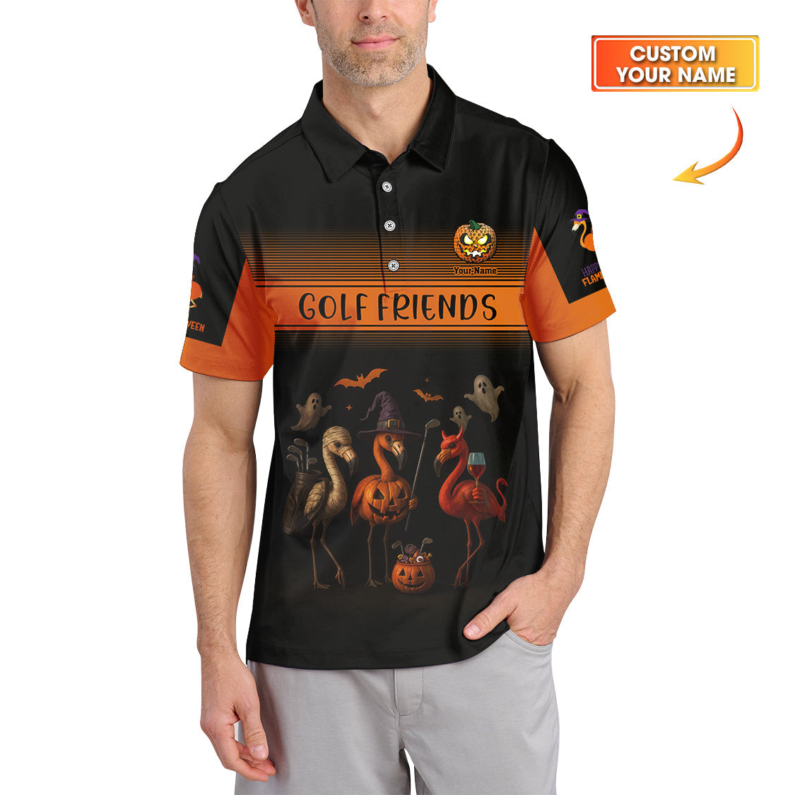 Custom Name Flamingo Golf Polos, Golf Friends Halloween Golf Shirts, Funny Golf Shirt For Golfers