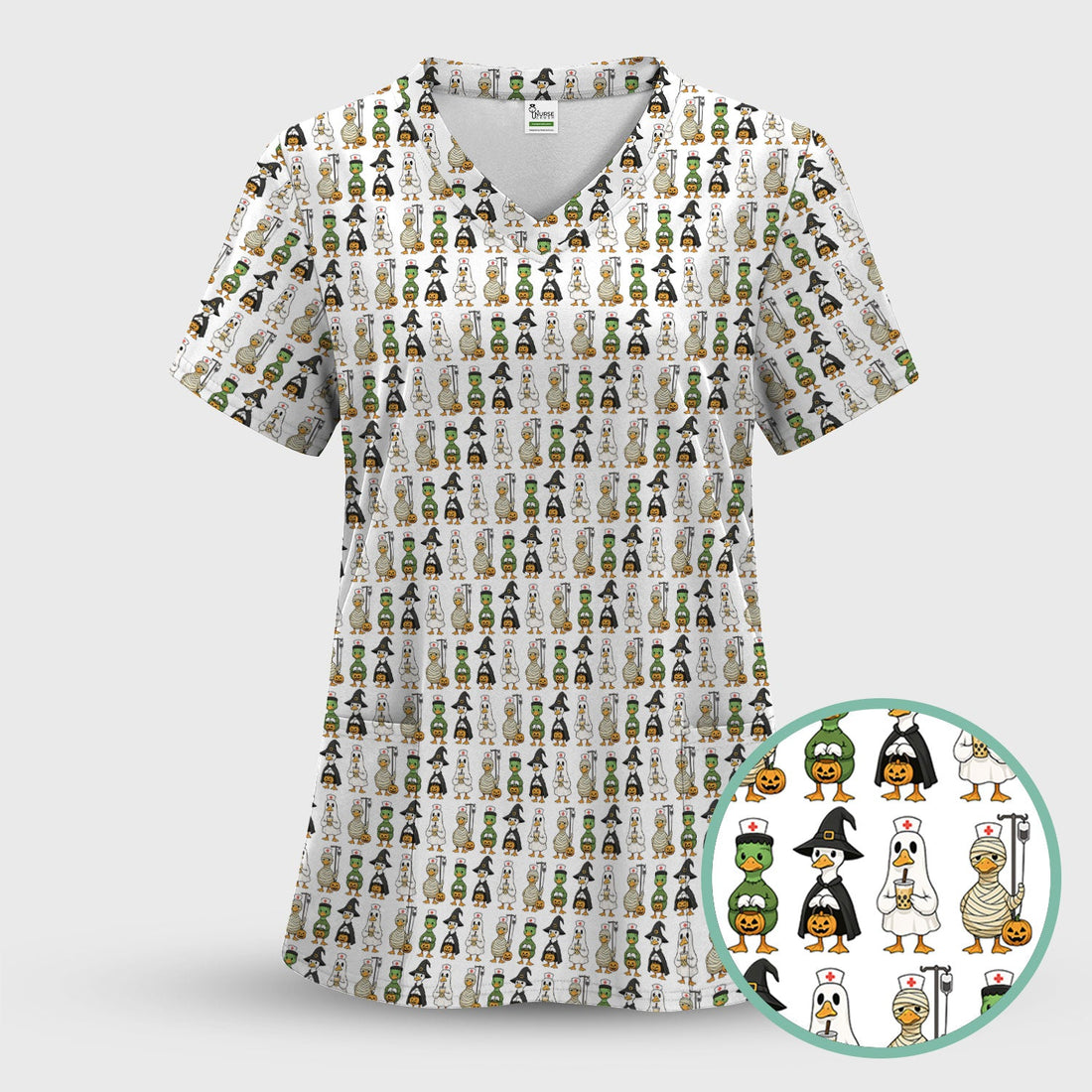 Funny Nurse Halloween T-Shirt - Cute Duck in Halloween Costumes Pattern Design - Gift for Women RN LPN & Healthcare Workers