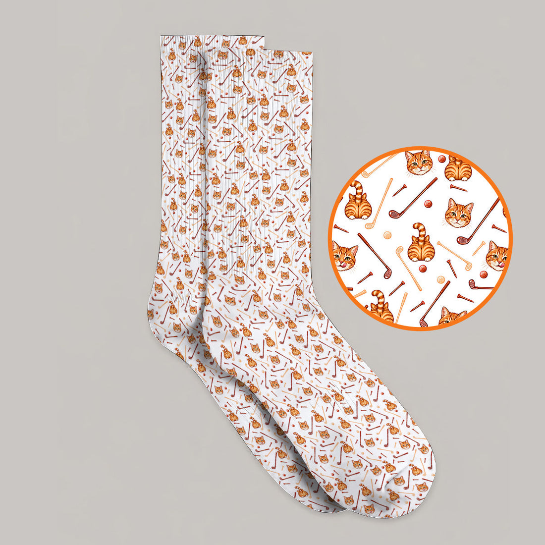 Orange Tabby Cat Golf Sock, Funny Cat Butt & Golf Pattern Socks, Unique Golf Apparel Gift for Cat Lovers