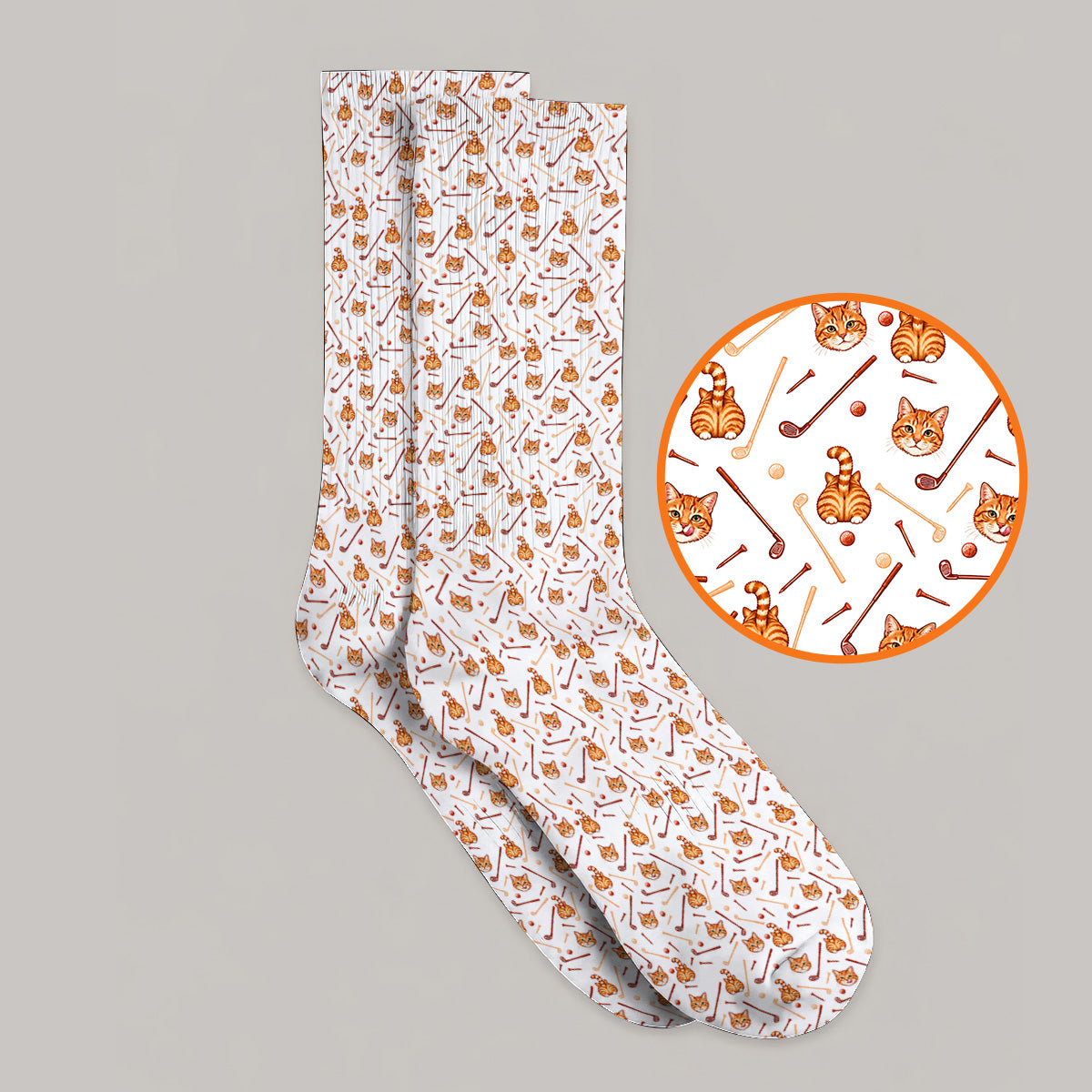 Orange Tabby Cat Golf Sock, Funny Cat Butt & Golf Pattern Socks, Unique Golf Apparel Gift for Cat Lovers