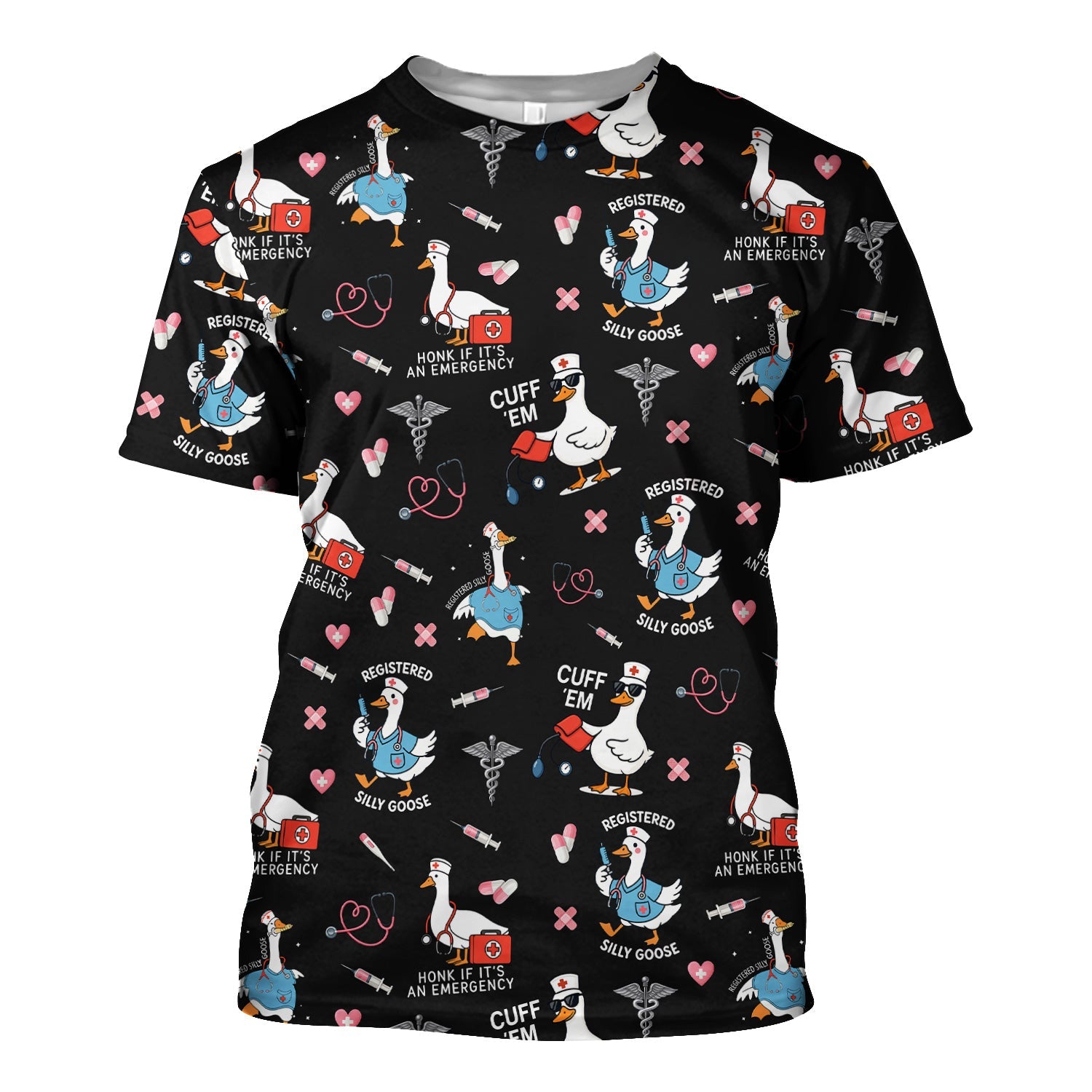 Goose Nurse Graphic T-Shirt for Women - Cute Medical Work Tee with Stethoscope & Heart Icons - Gift for RN, CNA, LPN