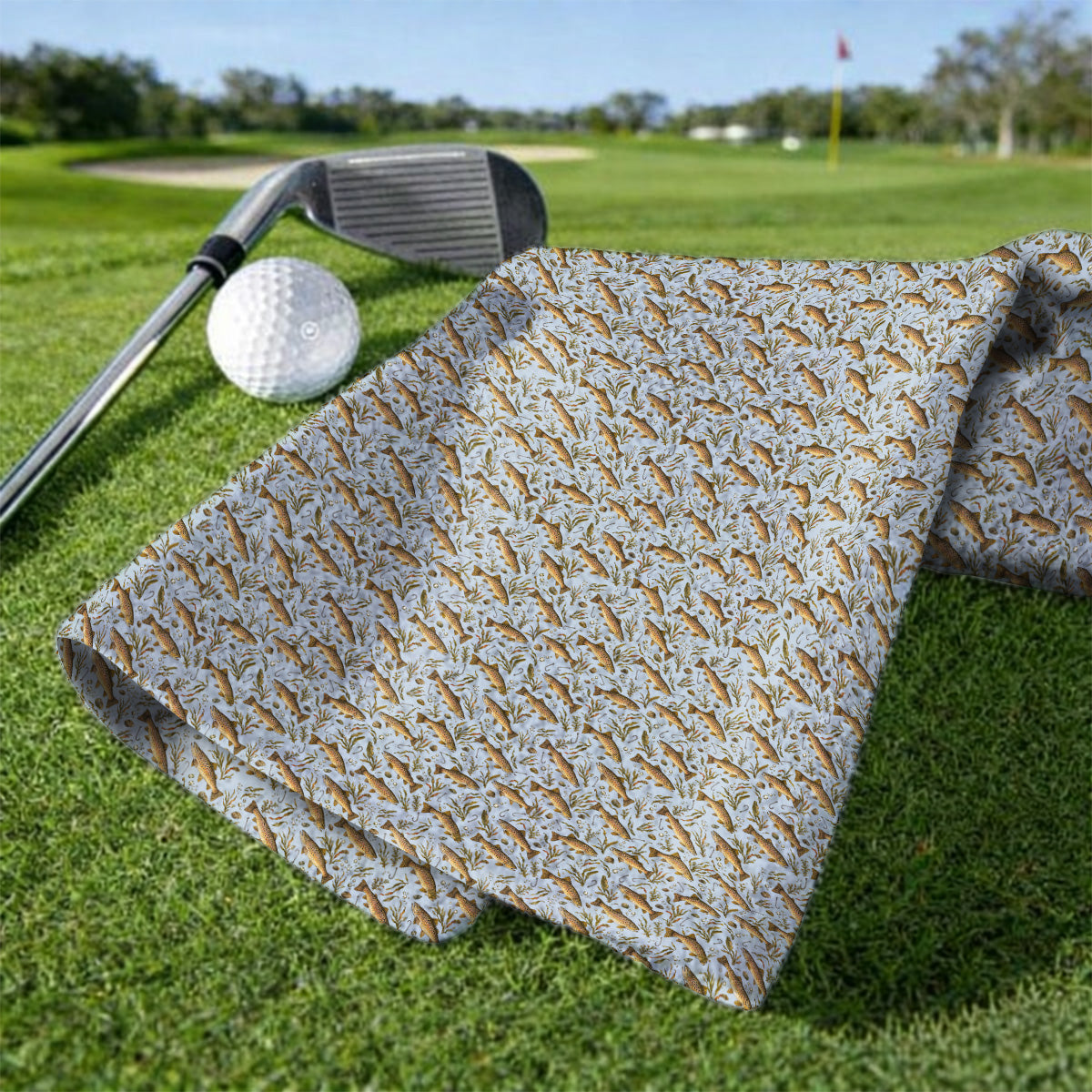 Funny Brown Trout Fishing Golf Towels, Vintage Trout & Fly Fishing Pattern Golf Towel, Golf Gift For Golfer