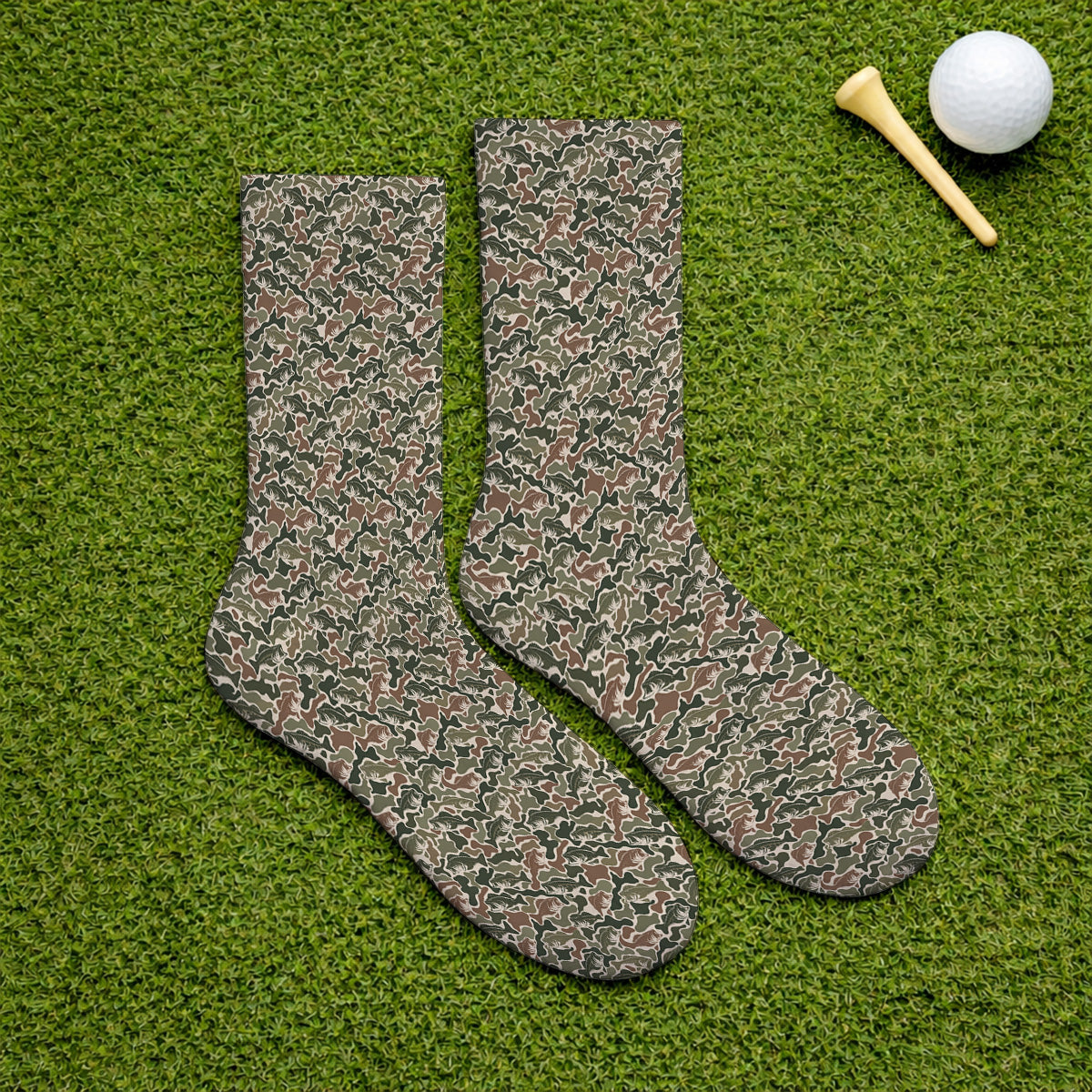 Bass Fishing Camo Pattern Golf Socks, Largemouth Bass Camouflage Golf Sock, Golf Gift For Golfers