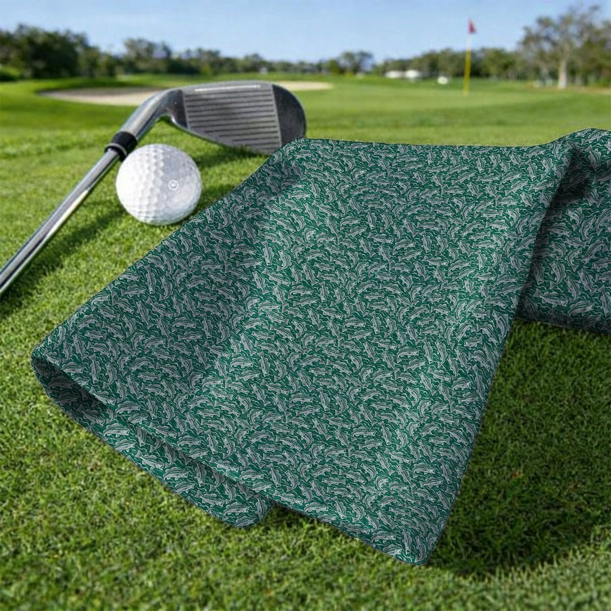 Vintage Bass Fishing Golf Towels, Forest Green Fish & Water Pattern Towel, Golf Apparel Gift for Fishing Lovers