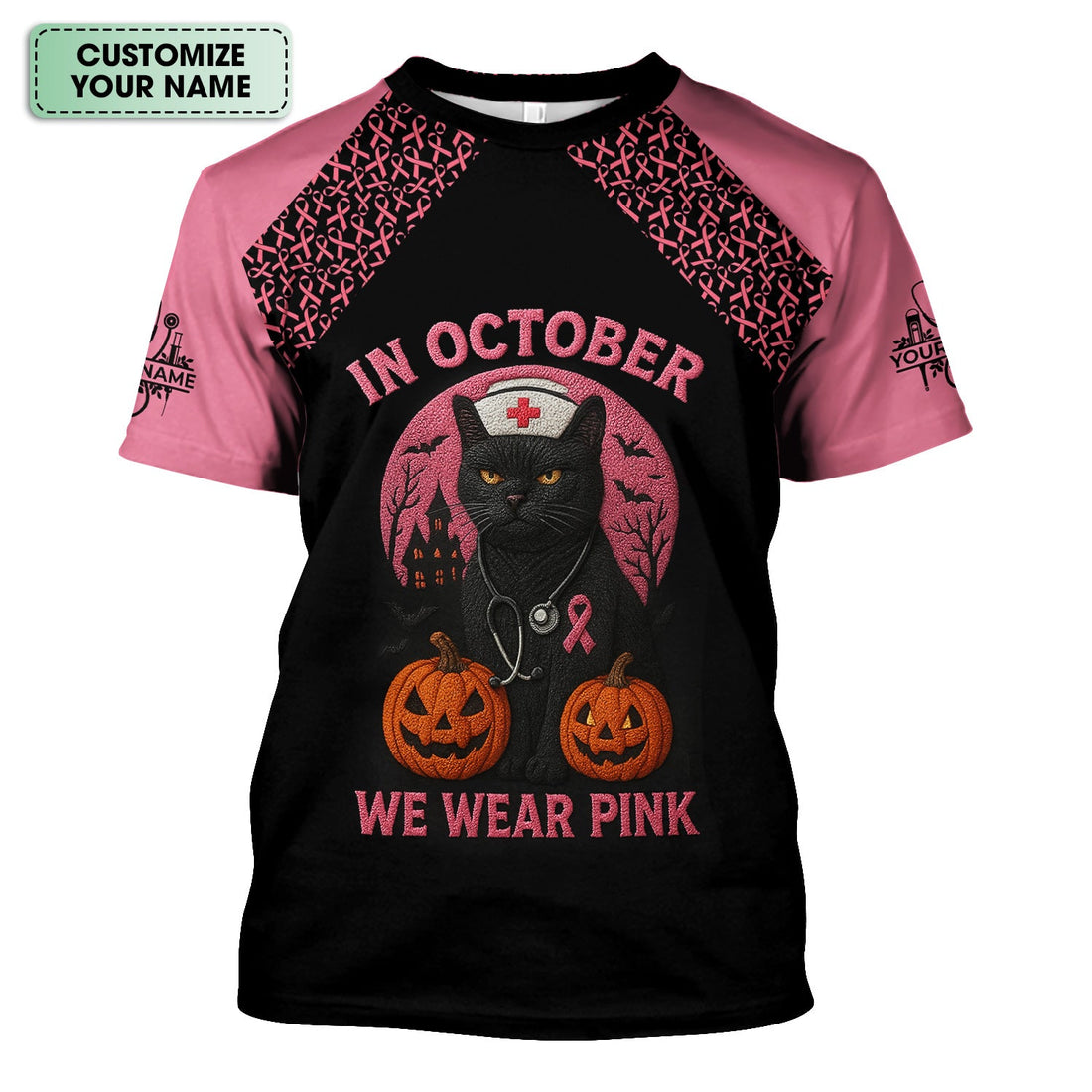 Custom Breast Cancer Awareness Nurse Shirt - In October We Wear Pink Halloween Cat Tee - CNA RN LPN Nursing Apparel Gift