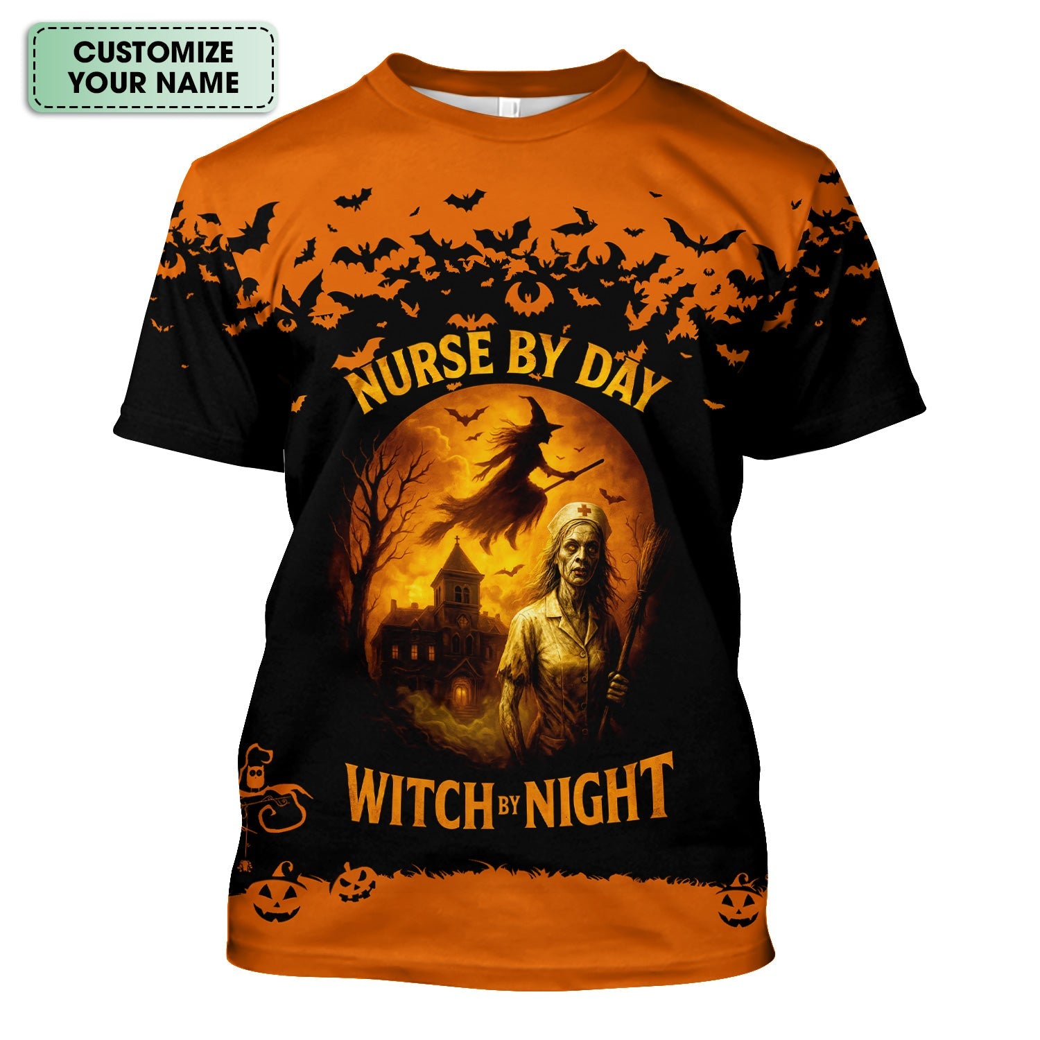 Funny Halloween Nurse Shirt - Nurse By Day Witch By Night Spooky Design - Custom Name Gift For RN LPN CNA Healthcare Workers