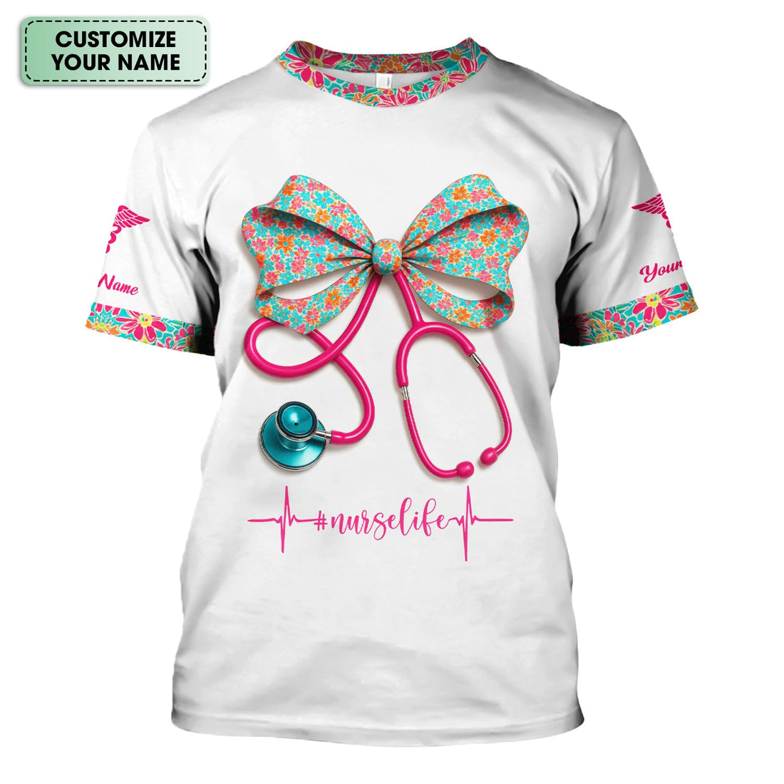 Custom Name Floral Bow Nurse Life Shirt - Cute Stethoscope Design with Heartbeat Graphic - Gift for RN LPN CNA Medical Staff