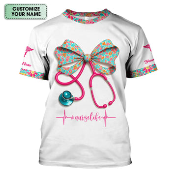 Custom Name Floral Bow Nurse Life Shirt - Cute Stethoscope Design with Heartbeat Graphic - Gift for RN LPN CNA Medical Staff