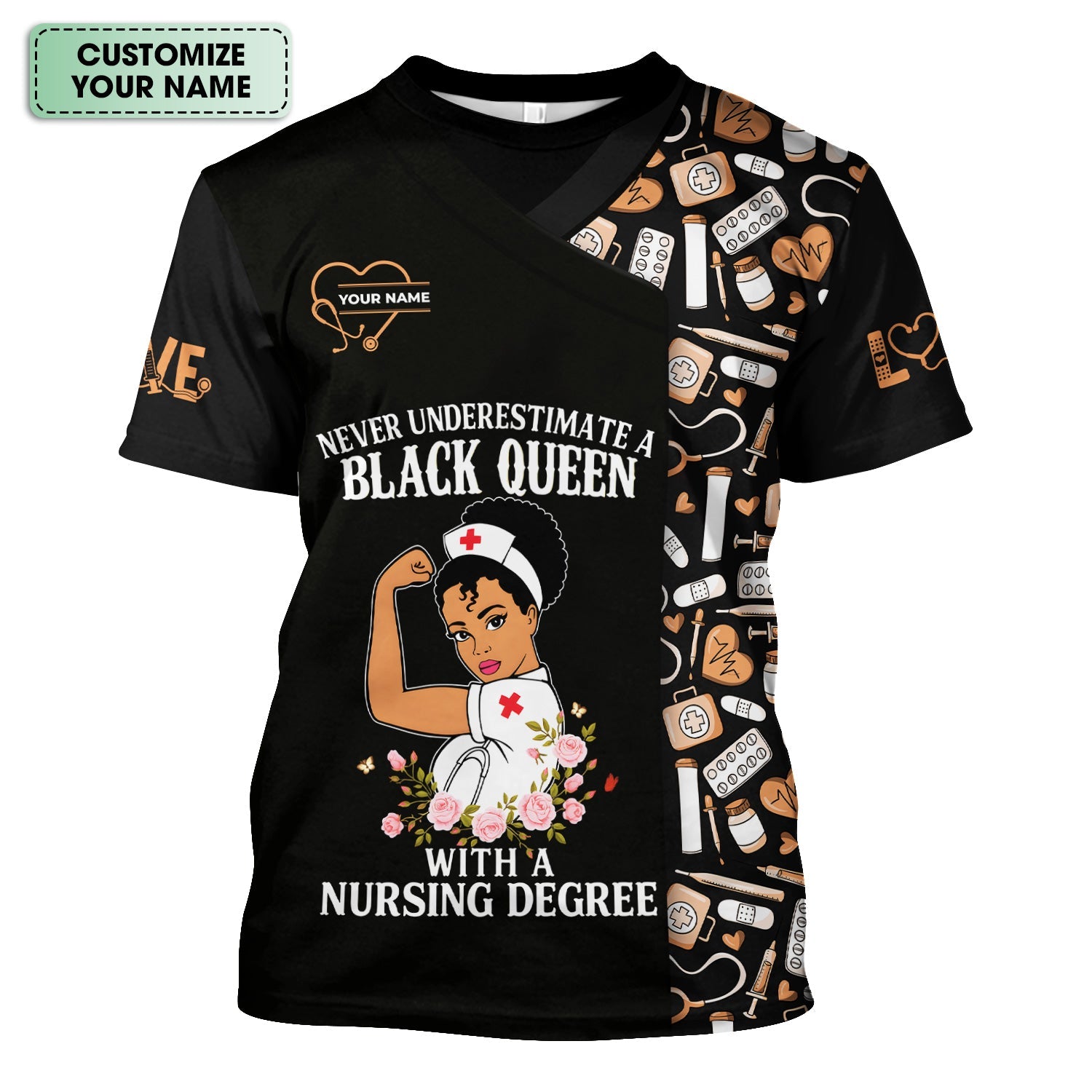Custom Empowering Black Queen Nurse Shirt - Black Queen With A Nursing Degree - Gift for RN LPN CNA