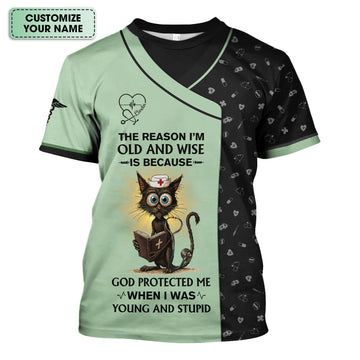 Personalized Funny Christian Nurse Shirt with Cat Design - God Protected Me Quote - Custom Name RN LPN CNA Gift