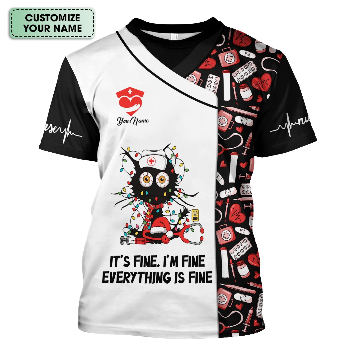 Personalized Sarcastic Nurse Shirt - Messy Black Cat with Christmas Lights Graphic Tee - Gift for Women RN, LPN, CNA