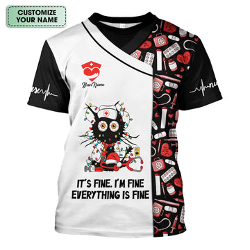 Personalized Sarcastic Nurse Shirt - Messy Black Cat with Christmas Lights Graphic Tee - Gift for Women RN, LPN, CNA