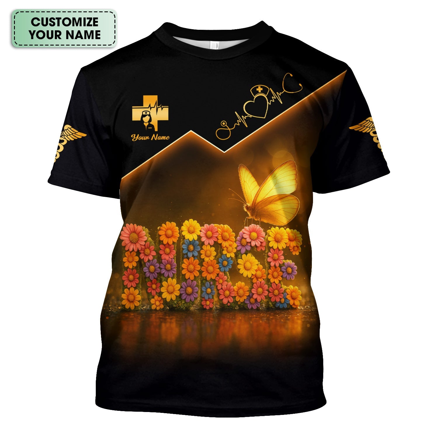 Personalized Nurse T-Shirt for Women - Floral Butterfly Design with Custom Name - Cute Gift for RN LPN CNA Healthcare Workers