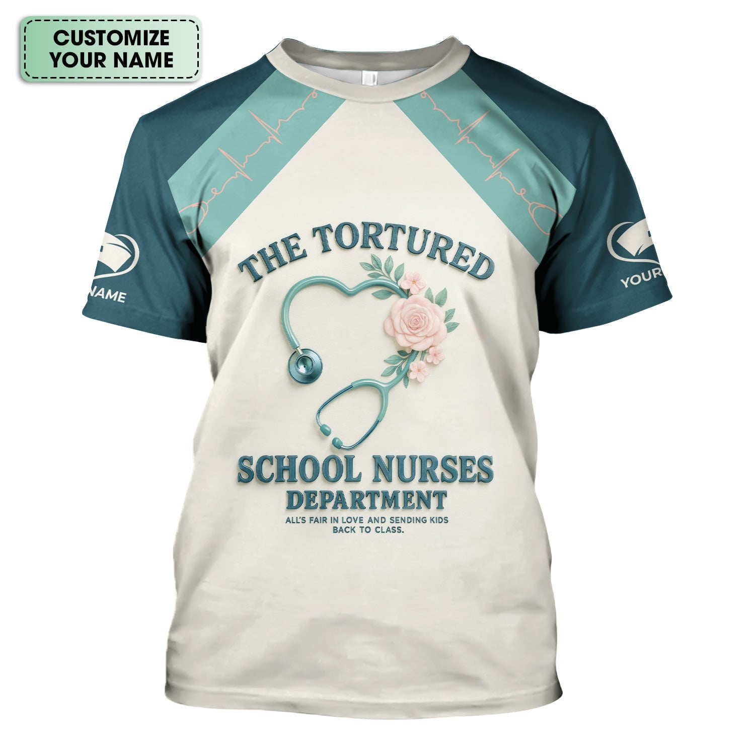 Personalized School Nurse T-Shirt - Funny Design with Heart Stethoscope and Roses - Appreciation Gift for RN LPN CNA Staff