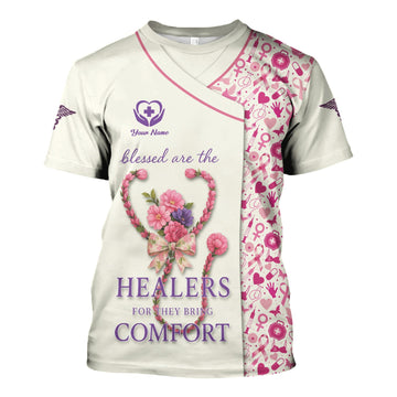 Custom Breast Cancer Awareness Nurse Shirt - Blessed Healers Comfort Quote - Gift for RN LPN CNA