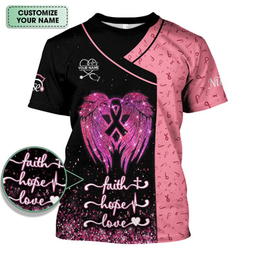 Custom Breast Cancer Warrior Shirt - Pink Glitter Angel Wings & Ribbon Graphic Tee - Gift for Nurse RN LPN CNA