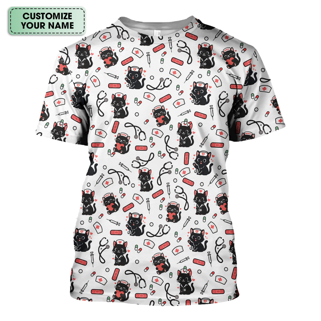Personalized Adorable Cat Print Nurse Tee - Medical Uniform Shirt with Stethoscope - Gift for RN CNA LPN