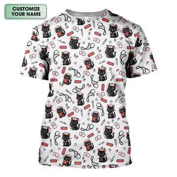 Personalized Adorable Cat Print Nurse Tee - Medical Uniform Shirt with Stethoscope - Gift for RN CNA LPN