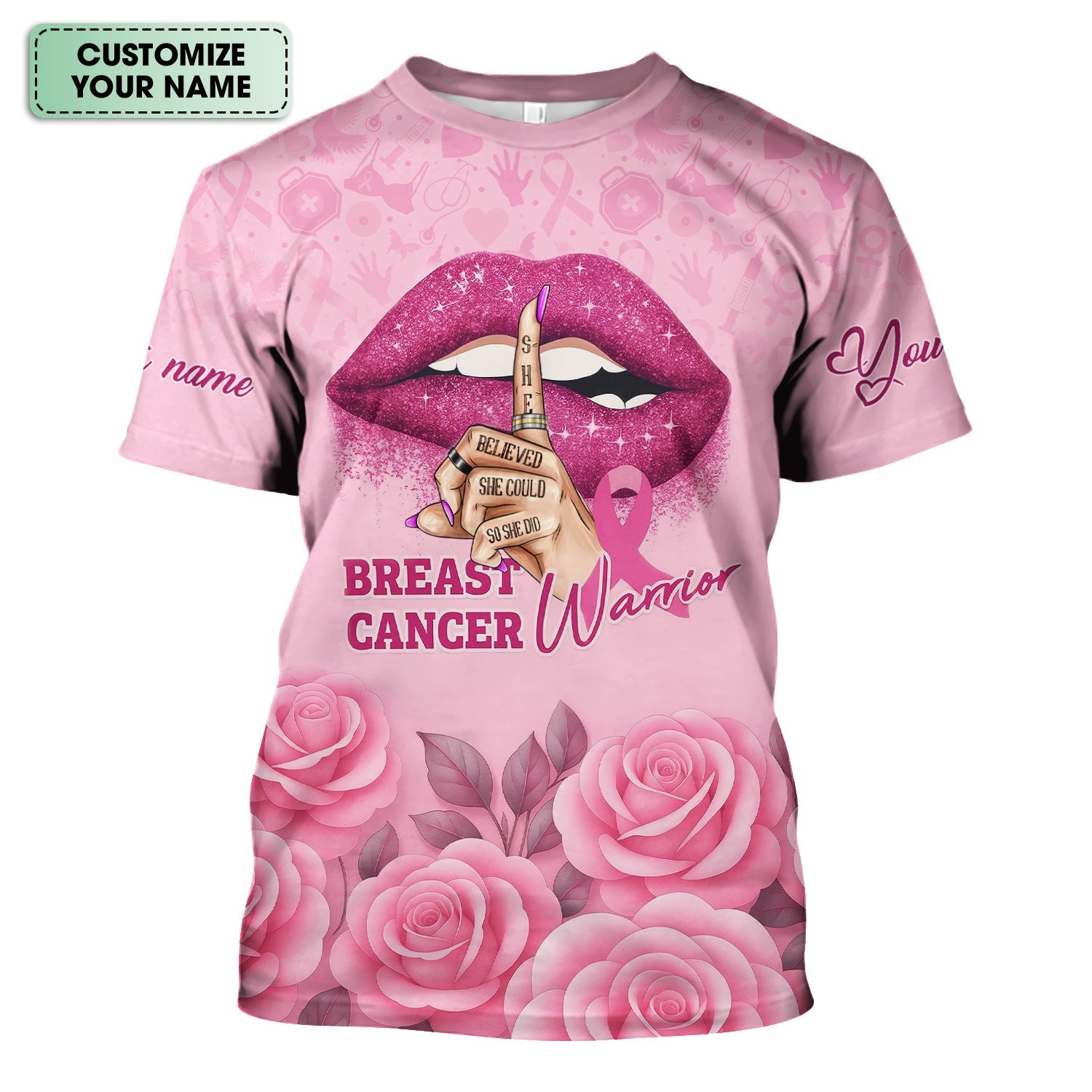 Personalized Breast Cancer Warrior Shirt - She Believed She Could Pink Ribbon Design - Gift for Women RN LPN CNA