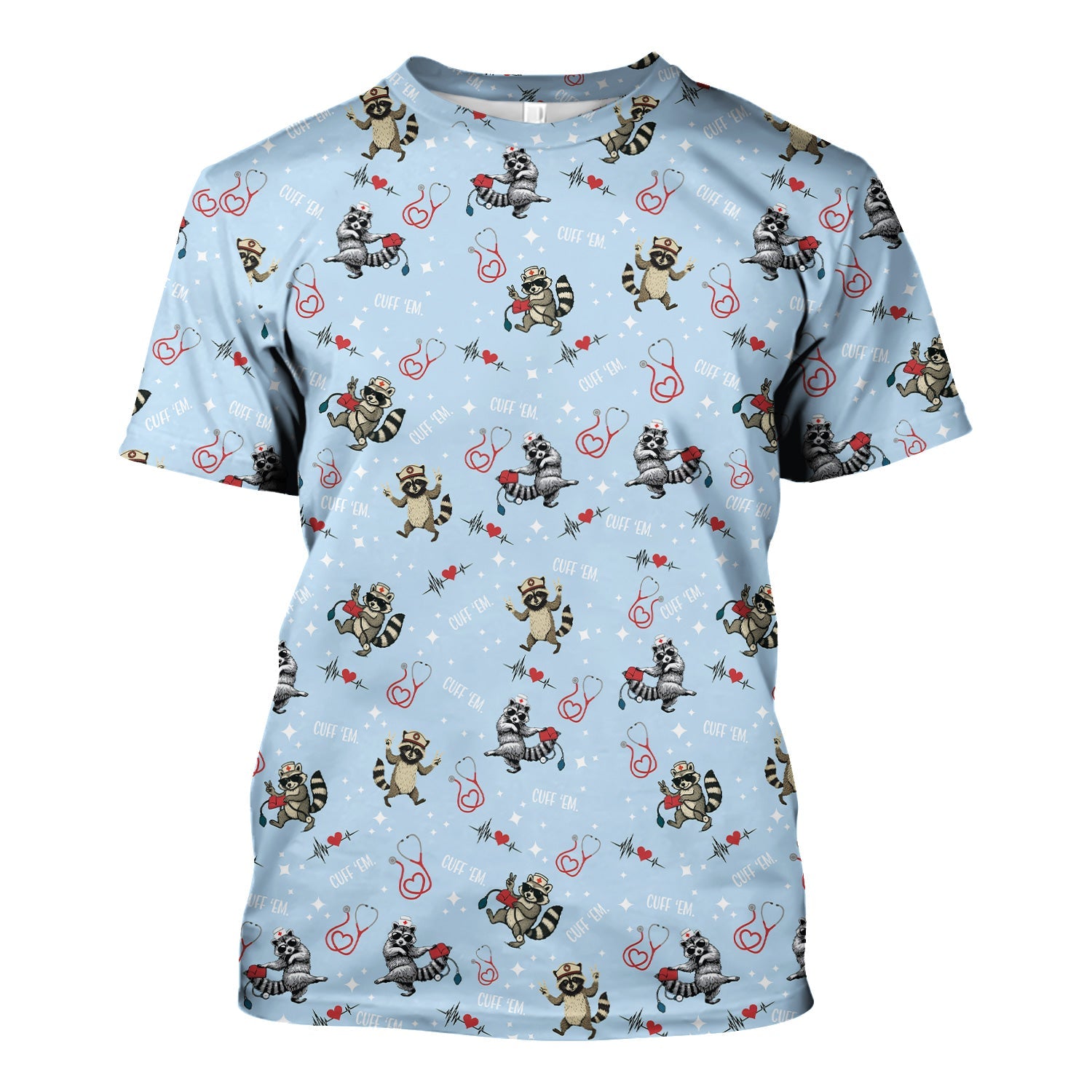 Cuff Em Raccoon Nurse Shirt - Funny Medical Scrub T-Shirt for CNA EMT LPN - Cute All Over Print Gift for Healthcare Workers