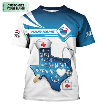 Personalized Texas Nurse T-shirt - Custom Name & Stethoscope Design - Inspirational 'Stars at Night' Quote - Perfect for RN, CNA, LPN Healthcare Workers